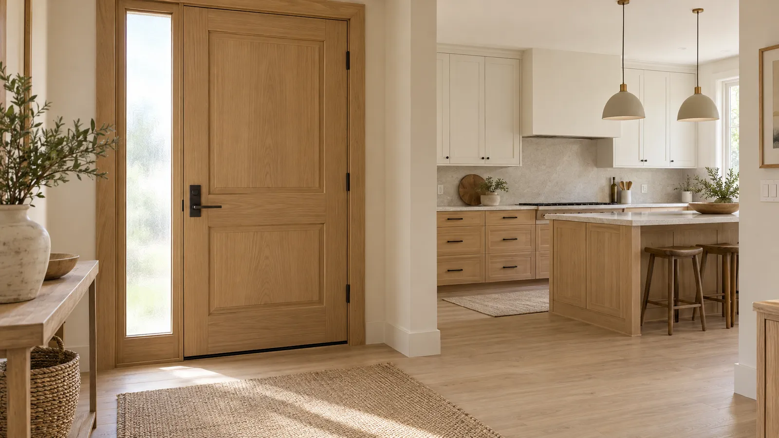 A white-oak entry door with a frosted sidelight and charcoal handle complements the wood cabinetry in an adjacent bright kitchen.