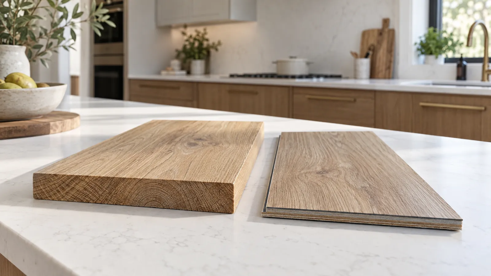 Hardwood and wood-look luxury vinyl flooring samples show their different thicknesses against a bright kitchen backdrop.