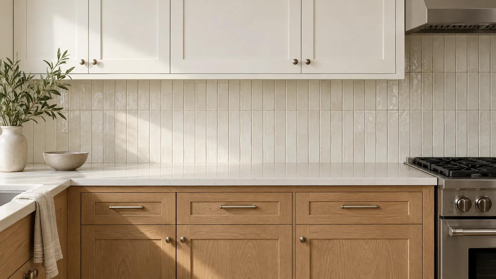 Ivory vertical tile with warm-grey grout pairs with white upper cabinets and natural oak lower cabinets.