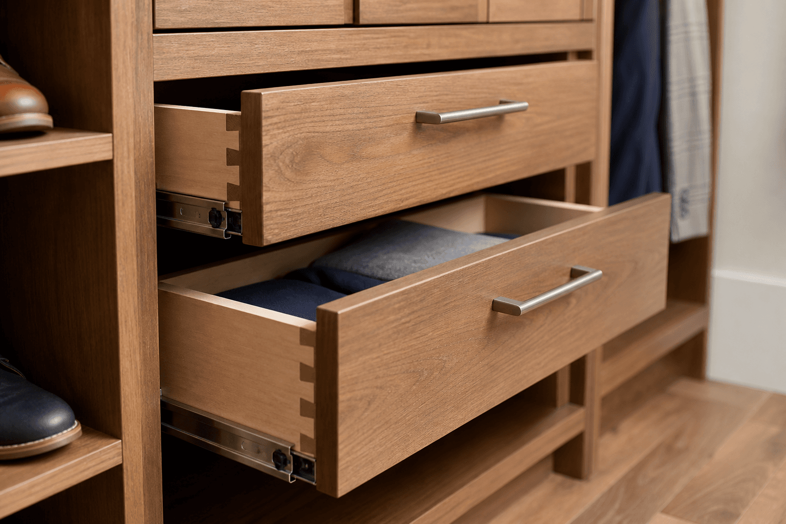 Two open wooden drawers with dovetail joints on side-mounted metal slides