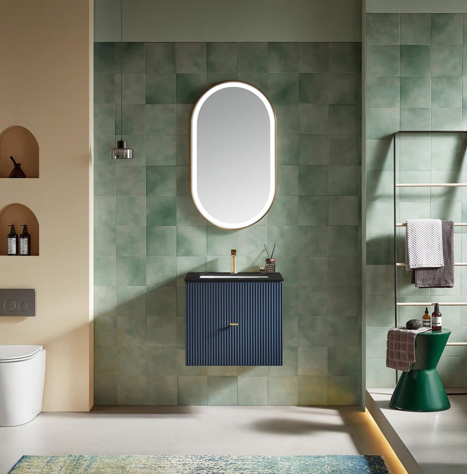 24” Dark Blue Wall Mount Modern Bathroom Vanity (Black Countertop)