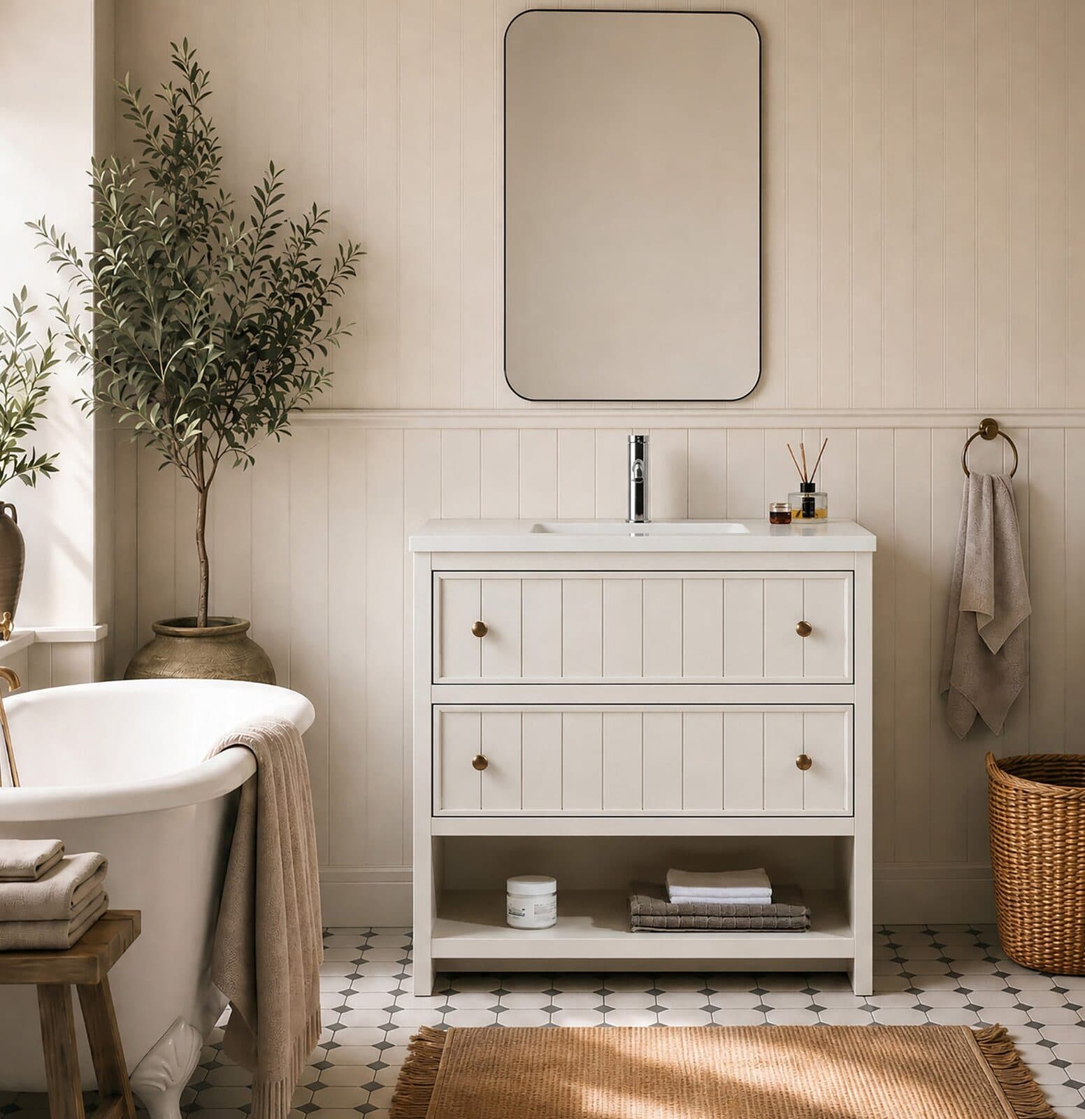 36” Cream White Freestanding Bathroom Vanity