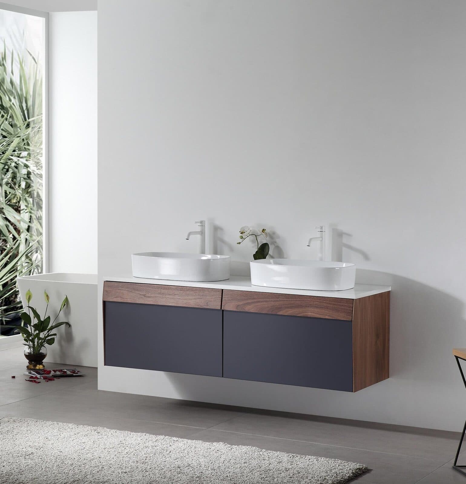 55” Dark Blue Wall Mount Modern Bathroom Vanity