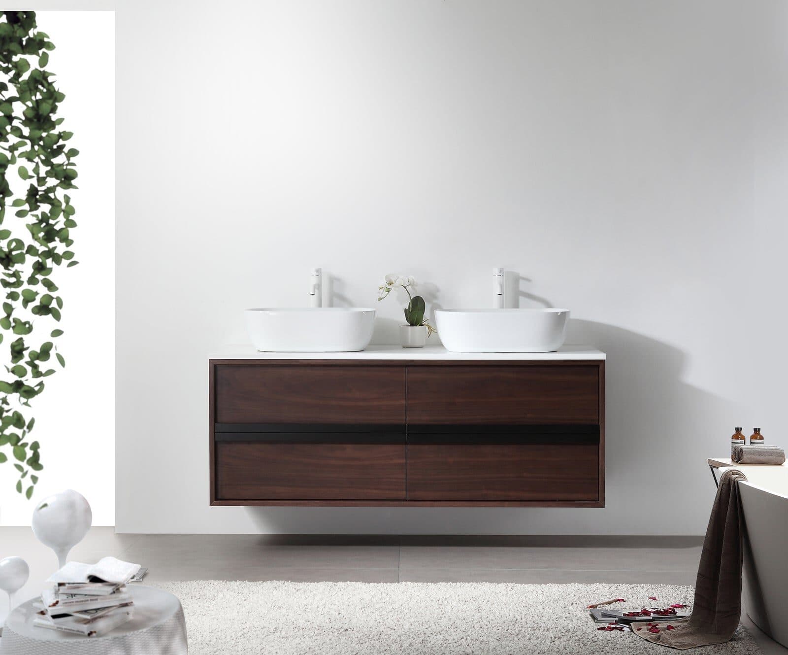 55” Dark Walnut Oak Wall Mounted Modern Bathroom Vanity