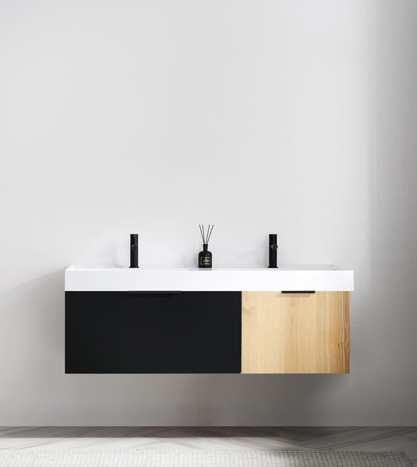 55” Matte Black/Maple Wall Mount Modern Bathroom Vanity